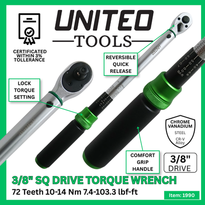 United Torque Wrench 10-140 Nm 3/8" Square Dr Reversible Ratchet Calibrated