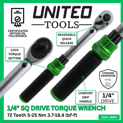 United Tools Torque Wrench Micrometer Style 1/4" Dr 5-25Nm Calibrated