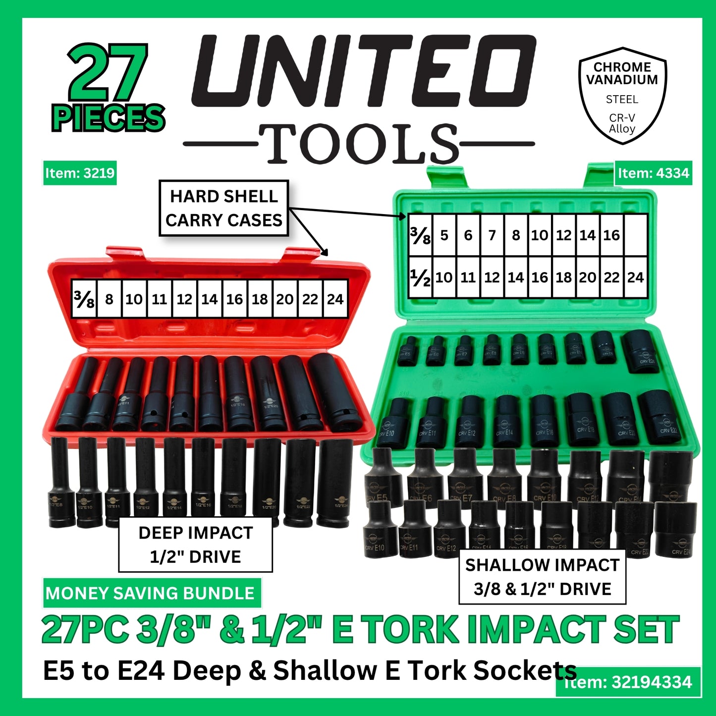 27PC 3/8 & 1/2" Dr Deep & Shallow IMPACT Female E-TORX Socket Set