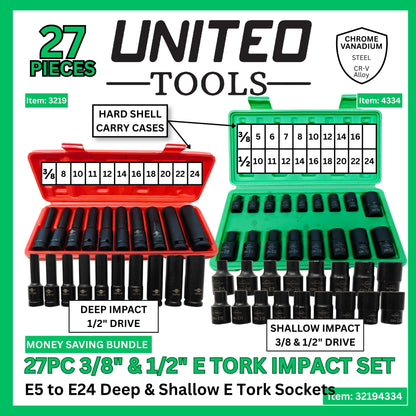 27PC 3/8 & 1/2" Dr Deep & Shallow IMPACT Female E-TORX Socket Set