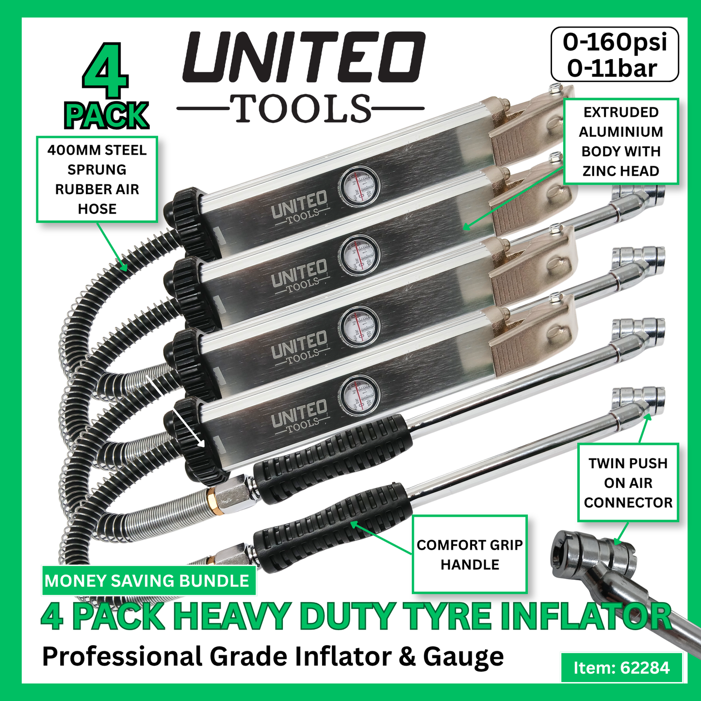 4 Pack Professional Tyre Inflator & Gauge 160psi 11bar Heavy Duty