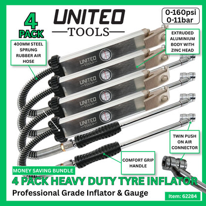 4 Pack Professional Tyre Inflator & Gauge 160psi 11bar Heavy Duty