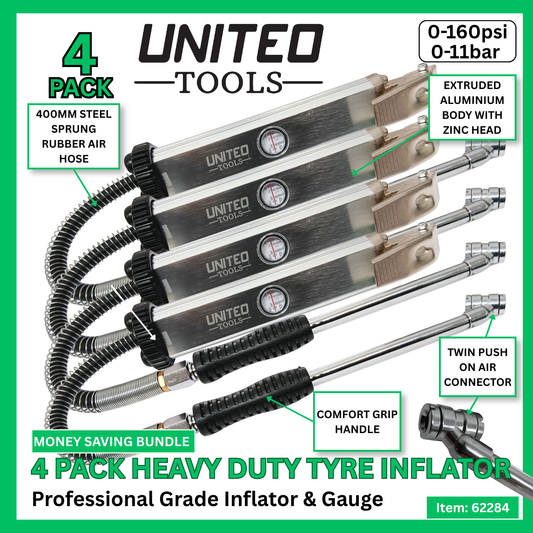 4 Pack Professional Tyre Inflator & Gauge 160psi 11bar Heavy Duty