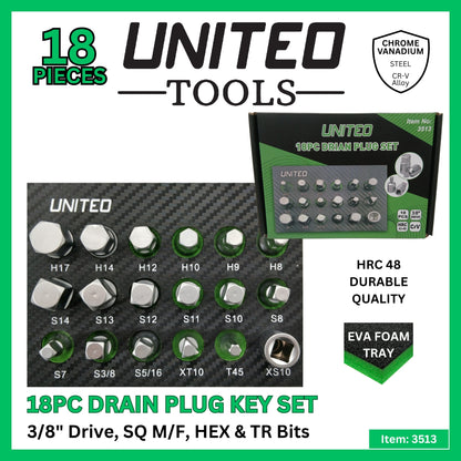18PC 3/8" Dr Master Drain Plug Key Set Sump Sockets TORX HEX TR in EVA Foam Tray