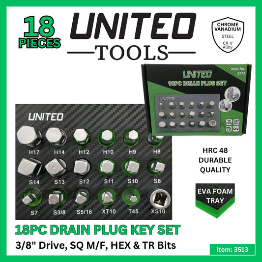 18PC 3/8" Dr Master Drain Plug Key Set Sump Sockets TORX HEX TR in EVA Foam Tray