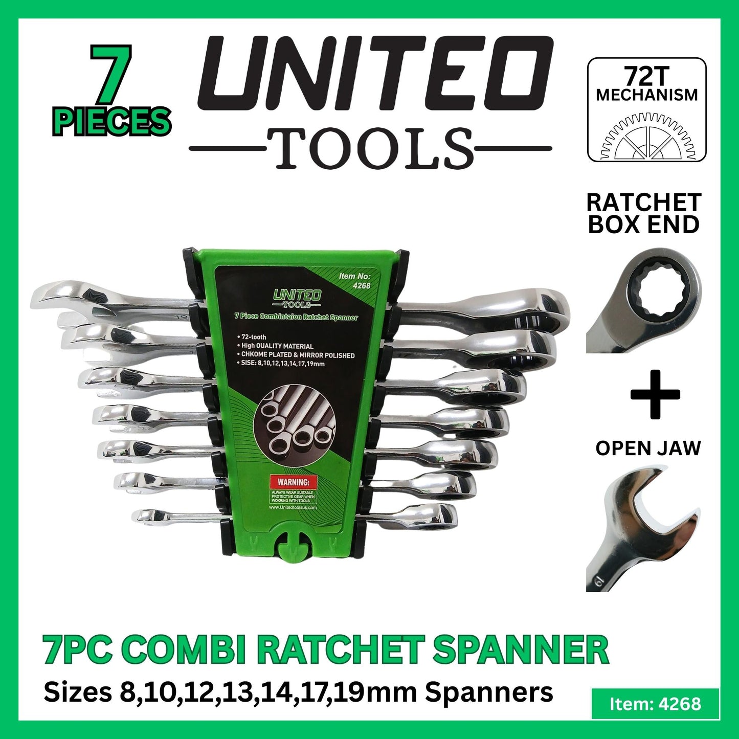7PC Combination 72 Tooth Ratchet Spanner Set-8-19mm