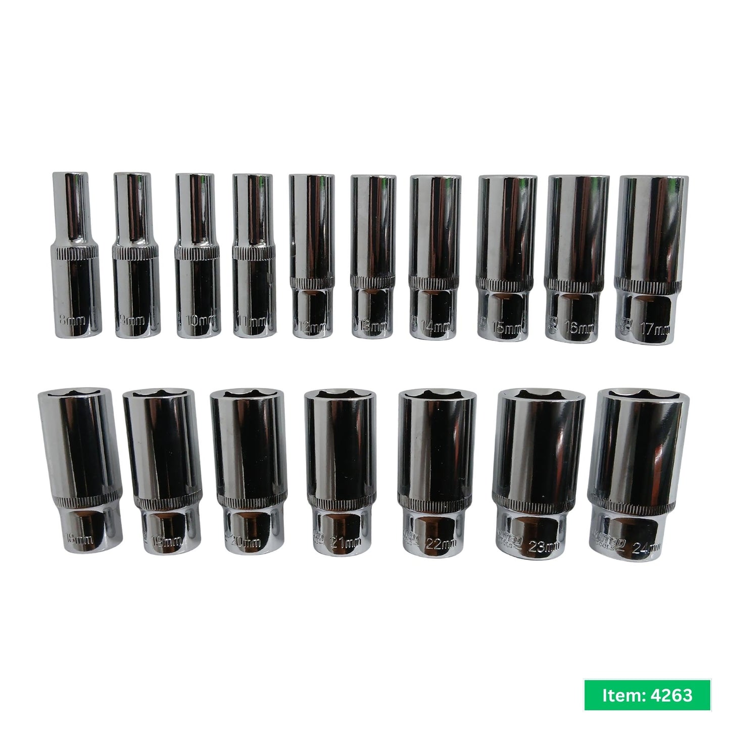 17PC 3/8 Dr Metric DEEP 6pt Chrome Vanadium Steel Socket Set 8-24mm