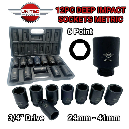 12PC 3/4" Inch Long Reach IMPACT Sockets Dr DEEP IMPACT Socket Set 24-41mm