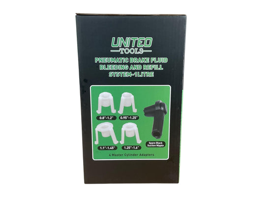 United Tools U2302 Pneumatic Brake Fluid & Refill System 1 Litre 90-120Psi 17M Hose 21-30mm Adapters For 4 Master Cylinders